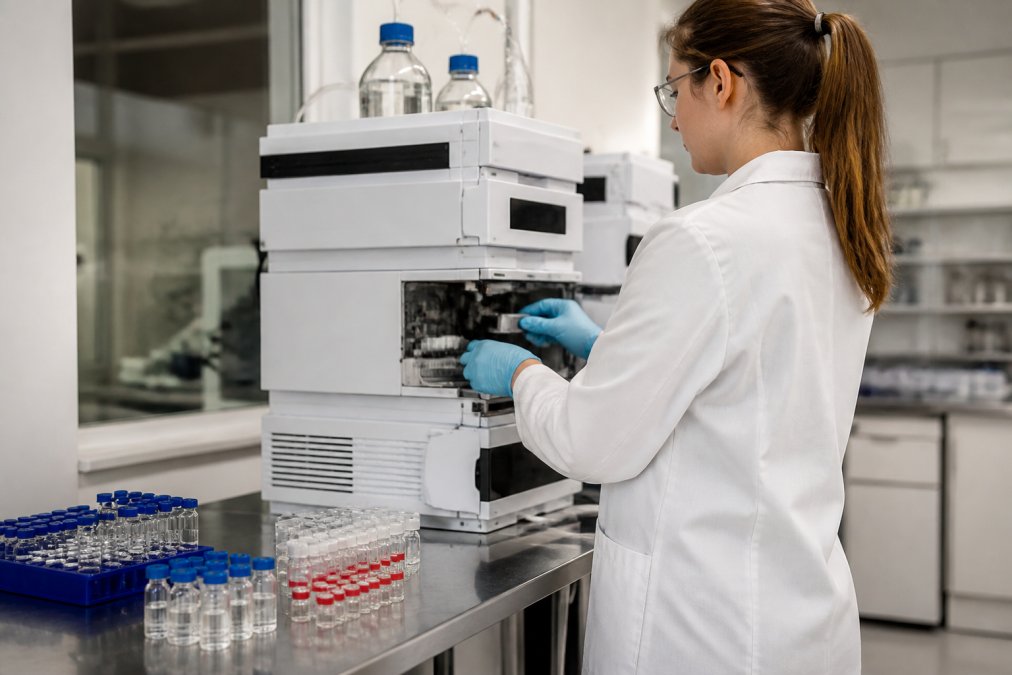 Scientist testing peptide stability using an HPLC system in a lab
