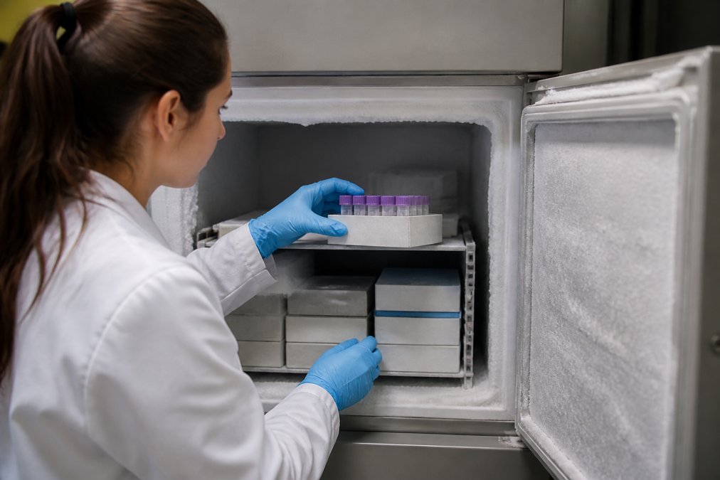A laboratory researcher wearing gloves and a lab coat carefully placing labeled peptide vials into a -20°C freezer, with frost visible on the freezer interior and organized storage racks