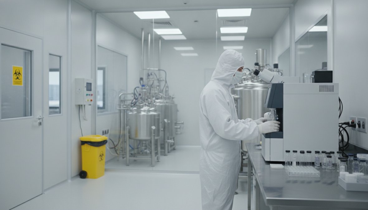 Laboratory technician in full protective equipment working inside an ISO 7 classified cleanroom, handling peptide vials with documented batch records visible on the workstation