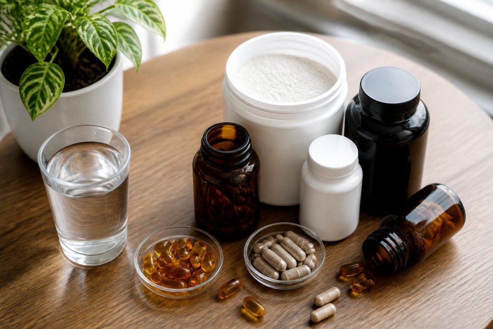 An overhead shot of several supplement containers, including amber glass capsules and a white powder jar, arranged on a clean wooden table next to a glass of water and a small green plant, with soft natural window light