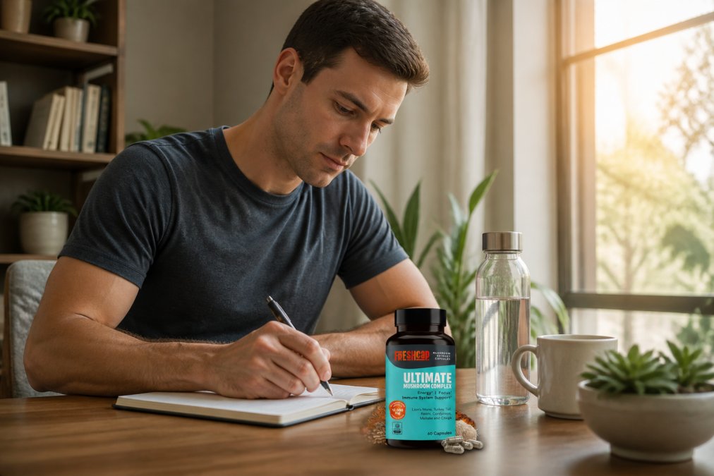 Remote worker at home desk with supplement bottles, water bottle, and wellness journal visible, showing intentional daily routine setup with morning light from window
