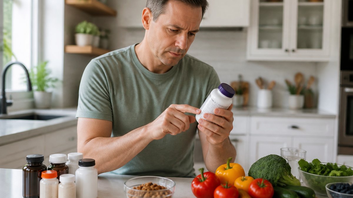 Person reading a supplement label in a bright kitchen while comparing GNC vs Garden of Life vitamins