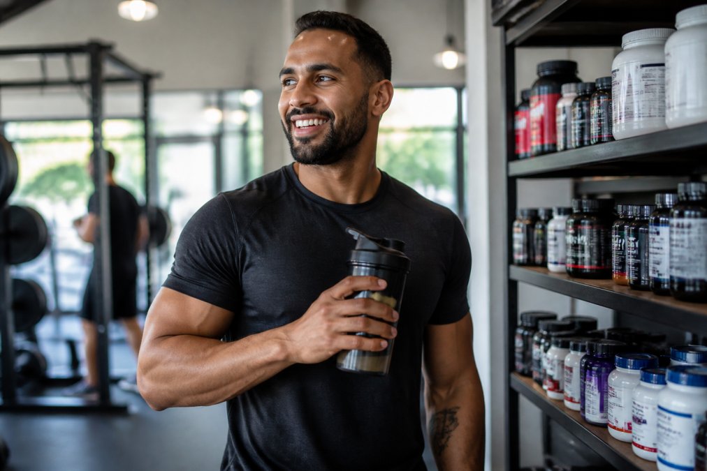 Athlete in modern gym setting holding a protein shake, looking satisfied, with supplement bottles on a nearby shelf, natural gym lighting