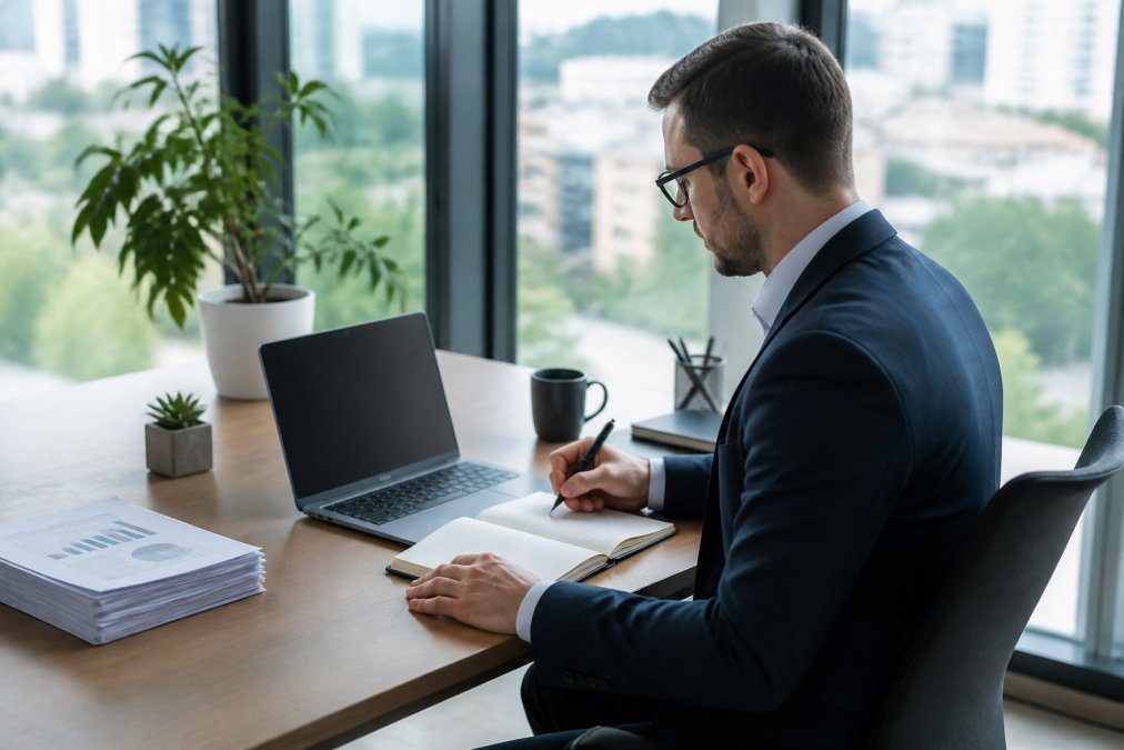 Geschäftsmann sitzt an einem Schreibtisch mit Laptop und dokumentiert die Migration seiner Software, während auf dem Bildschirm eine Vergleichsliste europäischer Anbieter zu sehen ist