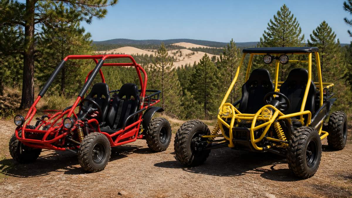 A red off-road go-kart parked on a dirt trail beside a yellow dune buggy, forest and distant sand dunes behind them under a clear blue sky