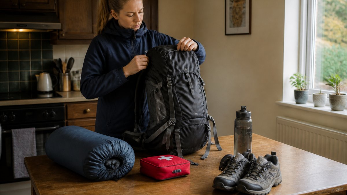 Infographic showing the essential gear checklist for beginner hikers packing a rucksack for a day trip