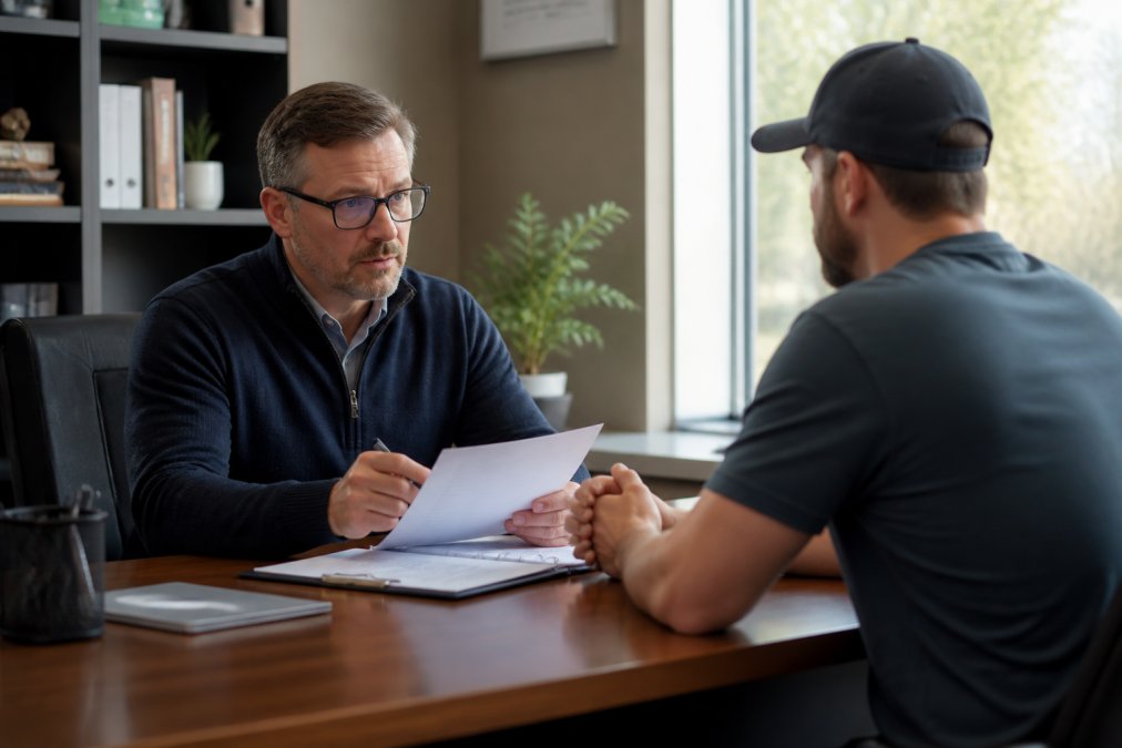 Professional SAP counselor in modern office setting conducting initial evaluation interview with commercial driver at desk, both reviewing documents with laptop visible, natural window lighting