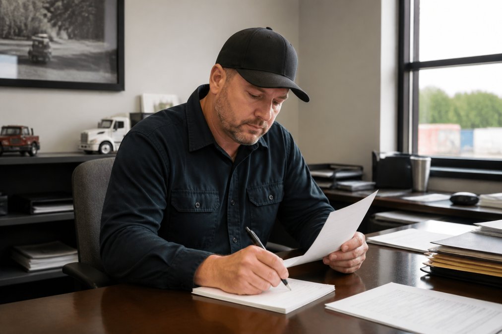 Commercial driver sitting at desk reviewing documents and taking notes while researching SAP providers on laptop, office environment with natural lighting from window
