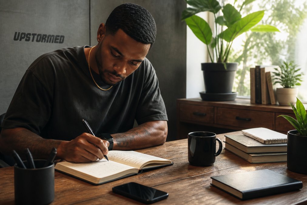 A person sitting at a wooden desk with a paper journal, pen, and a cup of coffee, writing thoughtfully in a sunlit room with plants nearby