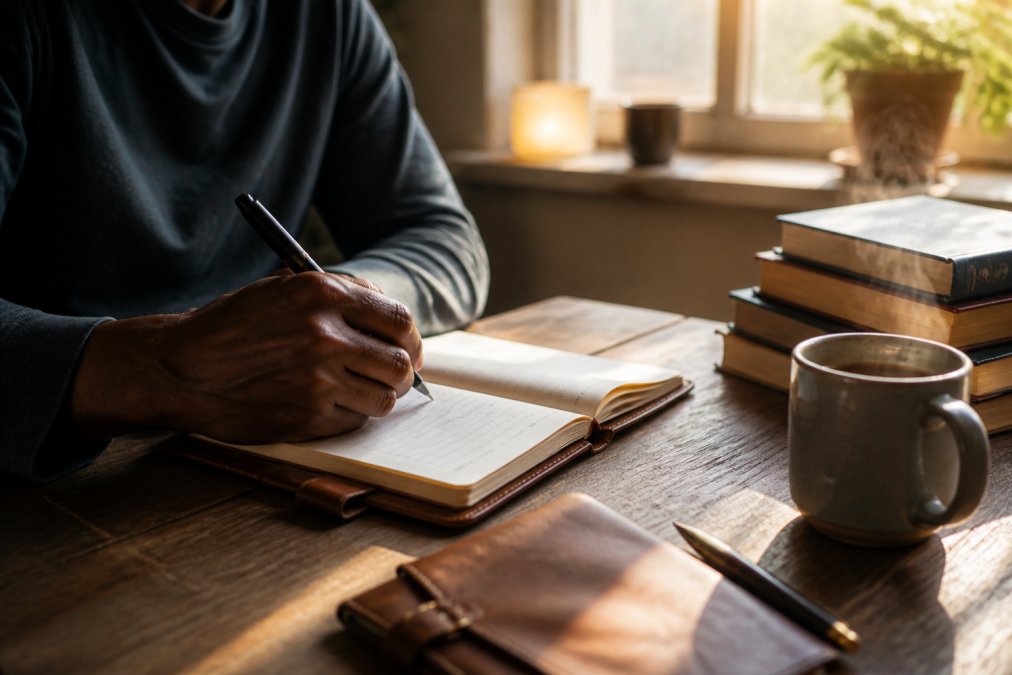A person writing in a leather-bound journal at a sunlit wooden desk, a steaming coffee mug and a stack of books nearby, soft morning light through a window