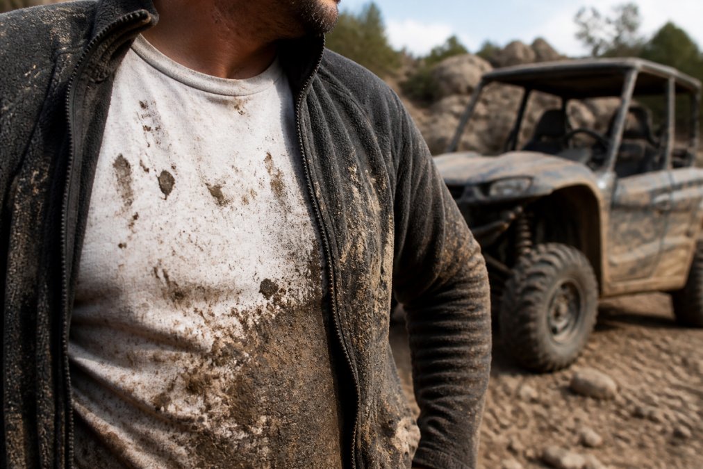 A close-up photograph of a rider's heavyweight cotton tee and fleece jacket showing mud splatter and fabric texture after a day on a rocky trail, with a side-by-side vehicle blurred in the background