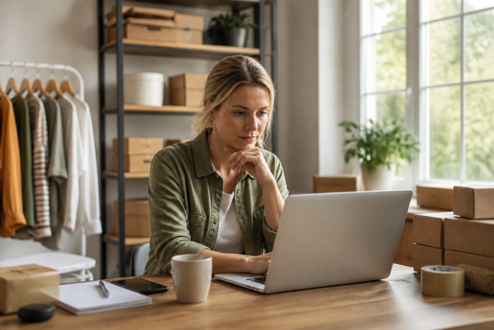 Small business owner reviewing their e-commerce store on a desktop computer in a home office, with product inventory visible on shelves behind them, natural morning light streaming through windows