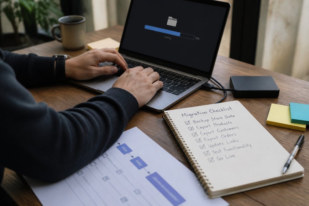 Close-up of hands typing on a keyboard with a notebook showing migration checklist items, laptop screen showing data transfer progress, desk organised with migration planning documents