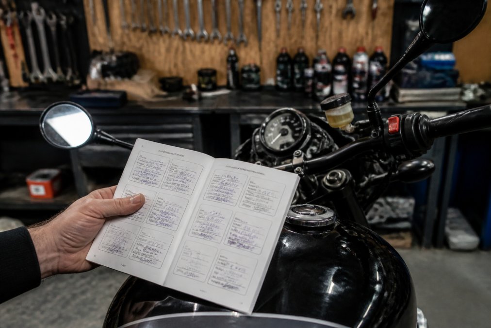 Close-up van een hand die een onderhoudsboekje vasthoudt naast een motorfiets, met zichtbare stempels en aantekeningen, in een werkplaats met gereedschap op de achtergrond