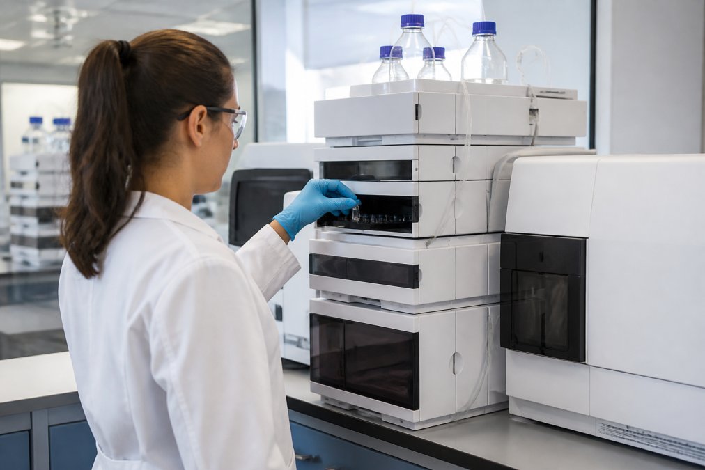 Technicus in witte laboratoriumjas voert injectie uit in HPLC-apparaat terwijl chromatogrammen op computermonitor worden weergegeven in goed verlicht modern laboratorium