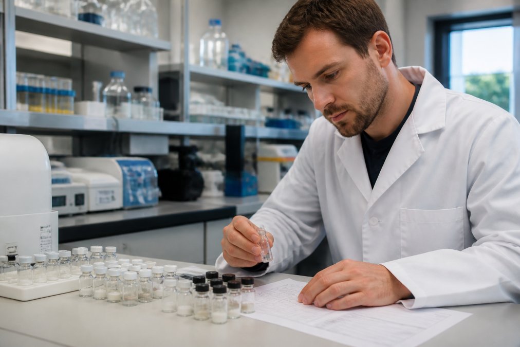Onderzoeker in witte laboratoriumjas onderzoekt peptide-vials op werkblad, bestudeert certificaten en gegevens naast laboratoriumapparatuur in schoon onderzoekslab