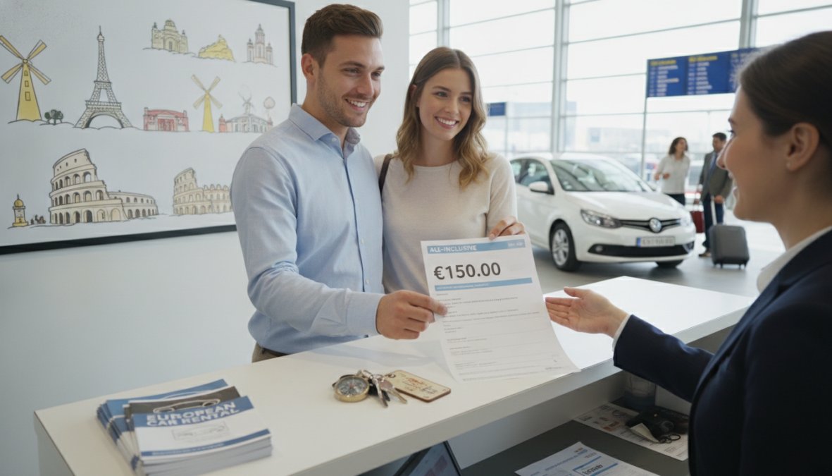 Een glimlachende reiziger die autosleutels overhandigd krijgt aan een verhuurbalie op een zonnig Europees vliegveld, met koffers zichtbaar op de achtergrond