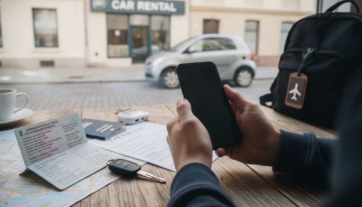 Een persoon die zorgvuldig de buitenkant van een huurauto inspecteert op een parkeerterrein, terwijl hij een kleine kras fotografeert met een smartphone, overdag met helder licht