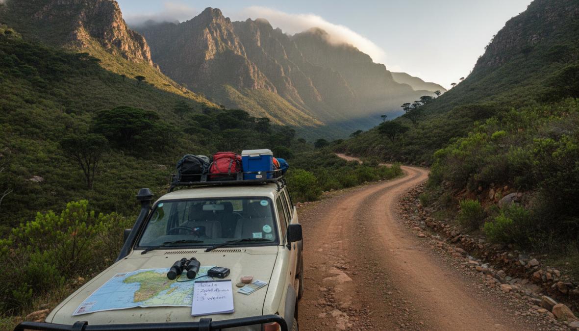 Traveler standing next to a compact rental car on a winding scenic road through the South African Garden Route, dramatic green mountains and coastal cliffs in the background, warm golden hour lighting