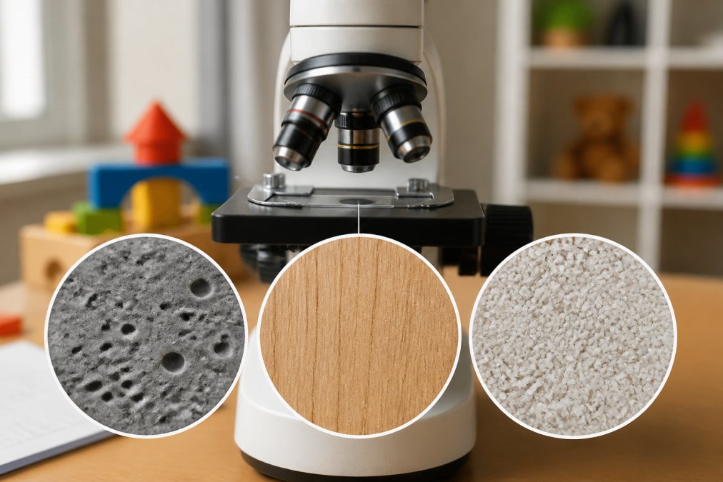 Vergelijking van drie speelgoedmaterialen onder microscopische vergroting: links standaard kunststof met zichtbare poriën en onregelmatigheden, midden massief esdoornhout met natuurlijke structuur, rechts gerecyclede plastic met uniforme textuur. Elk materiaal is gelabeld met zijn chemische samenstelling en mogelijke risico's
