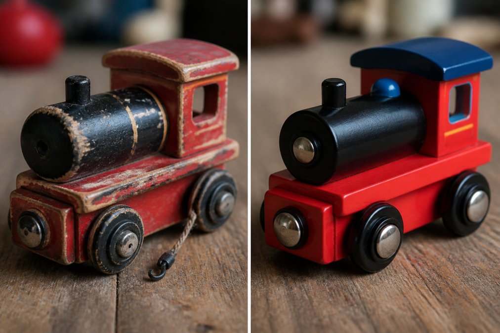 Voor- en na-foto's van speelgoed na jaren gebruik: links een versleten, gekrast goedkoop plastic speelgoed met loshangende onderdelen, rechts een luxe houten speelgoed dat er nog vrijwel nieuw uitziet met intacte verf en structuur