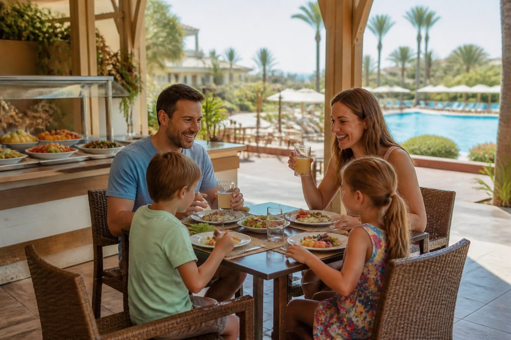Een familie die ontspant op een zonnig resortterras met een buffet en zwembad op de achtergrond, ontspannen sfeer