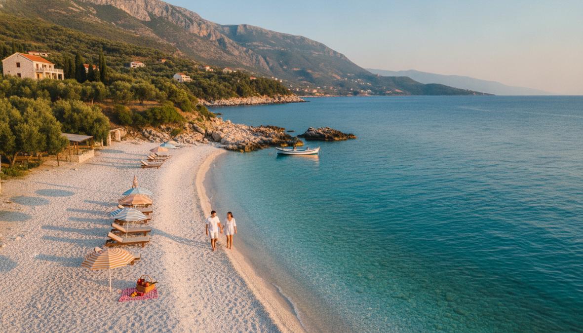 Turquoise ondiepe zee aan een Albanese zandstrand met kleurrijke parasols, een paar toeristen ontspannen in de schaduw, heldere zomerzon boven de Adriatische kust