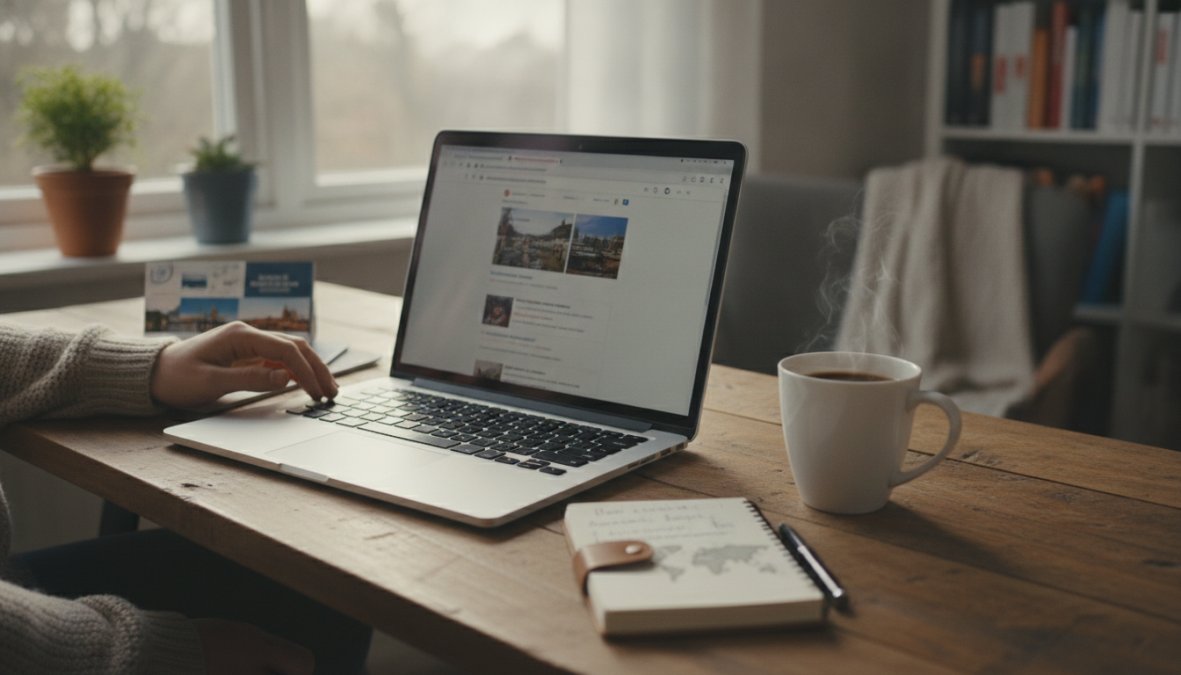Persoon die op een laptop naar vliegtickets zoekt met een kopje koffie naast zich op een bureau