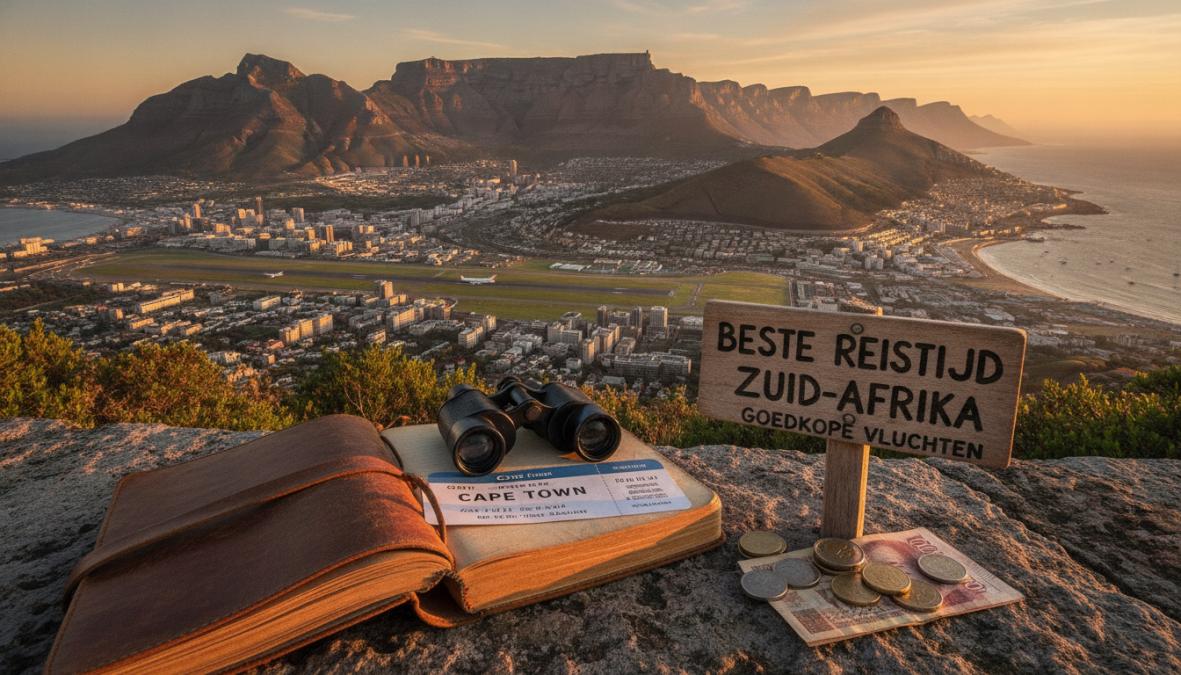 Panoramisch uitzicht op Tafelberg in Kaapstad met heldere blauwe lucht en groene vegetatie op de voorgrond, fotografisch vastgelegd op een zonnige ochtend in het voor- of najaar