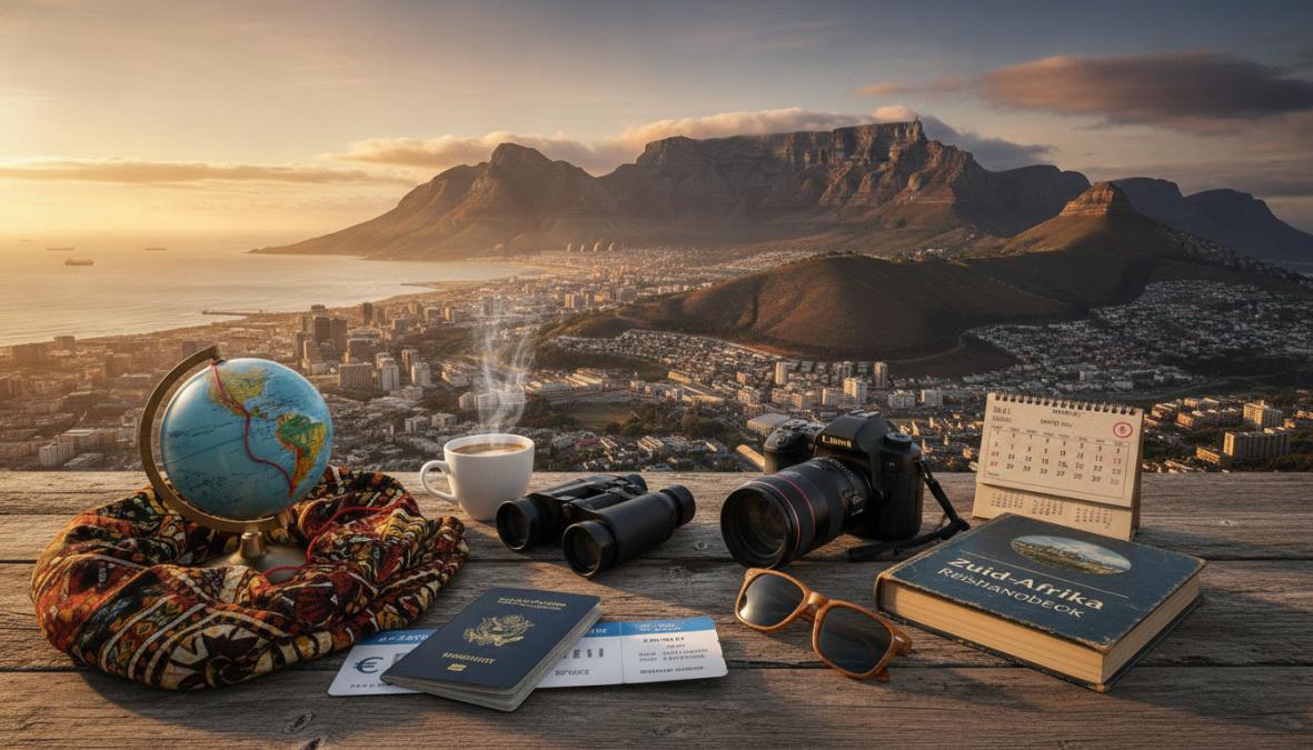 Reiziger met koffer in de aankomsthal van Cape Town International Airport, omgeven door bewegwijzering en andere passagiers, warm daglicht door grote ramen
