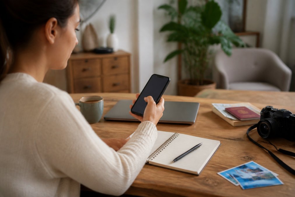 Persoon die op een smartphone een prijsalert instelt voor een vliegticket, met een laptop en notitieboekje op een houten tafel in een huiselijke omgeving