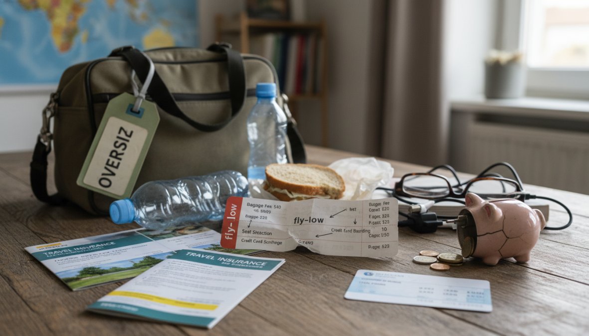 Close-up van een persoon die een vliegticket boeking bekijkt op een laptop, met een gefronst gezicht bij het zien van extra kosten op het scherm, warme bureaulamp als verlichting in een thuiskantoor