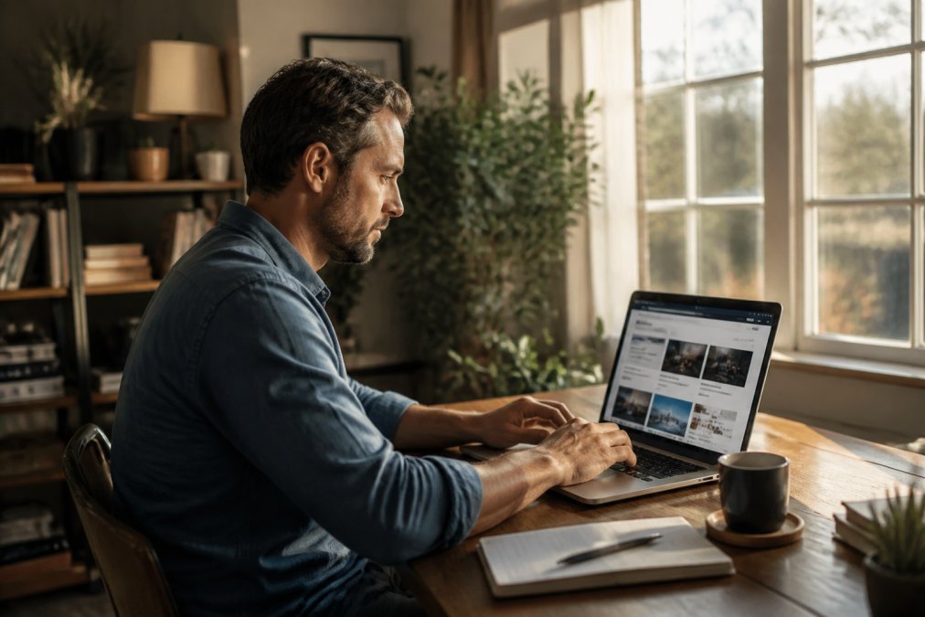 GoHighLevel Alternative for Small Business: 5 Best Picks A small business owner working on a laptop in a cozy home office, website builder interface visible on screen, coffee cup nearby, warm afternoon light through a window
