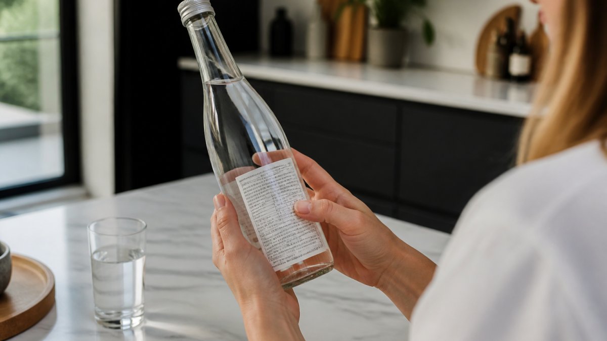 Close-up of hands holding a glass bottle of mineral water while reading the back label, soft daylight in an upscale kitchen