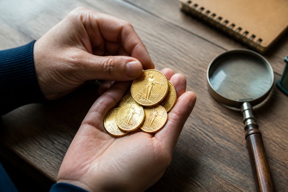 A close-up photo of hands holding several gold American Eagle coins above a wooden desk, with a magnifying glass and a small notebook nearby, showing a person examining the coins in natural light.