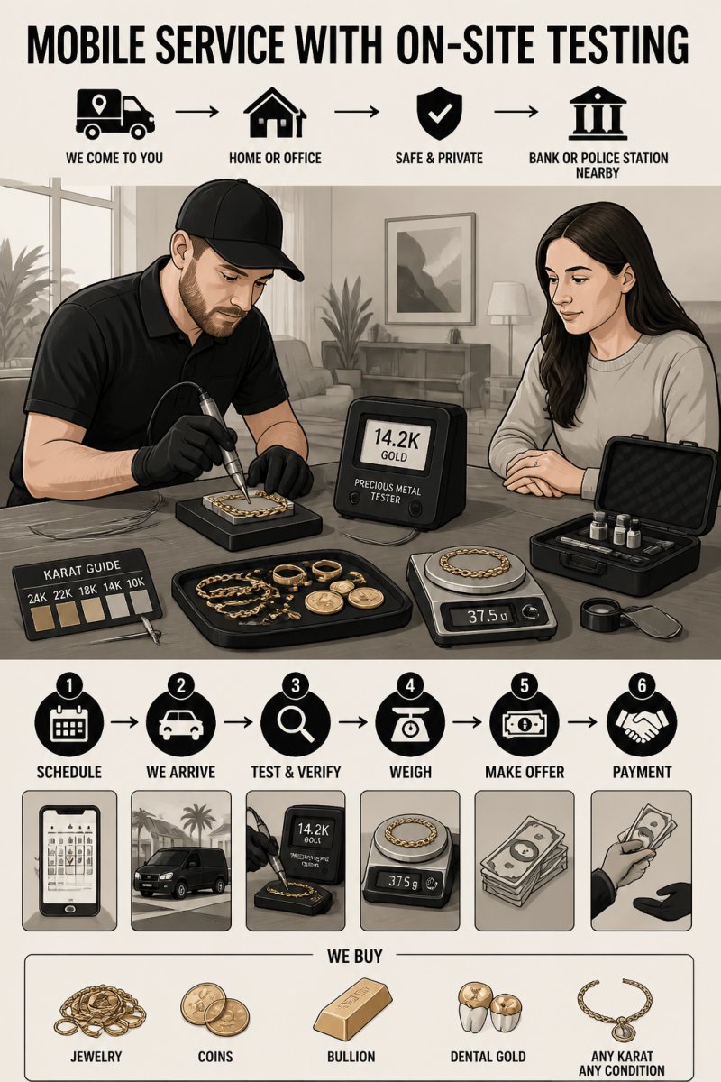 Process flow for a Gold Buyers USA alternative showing on-site gold testing with a professional appraiser