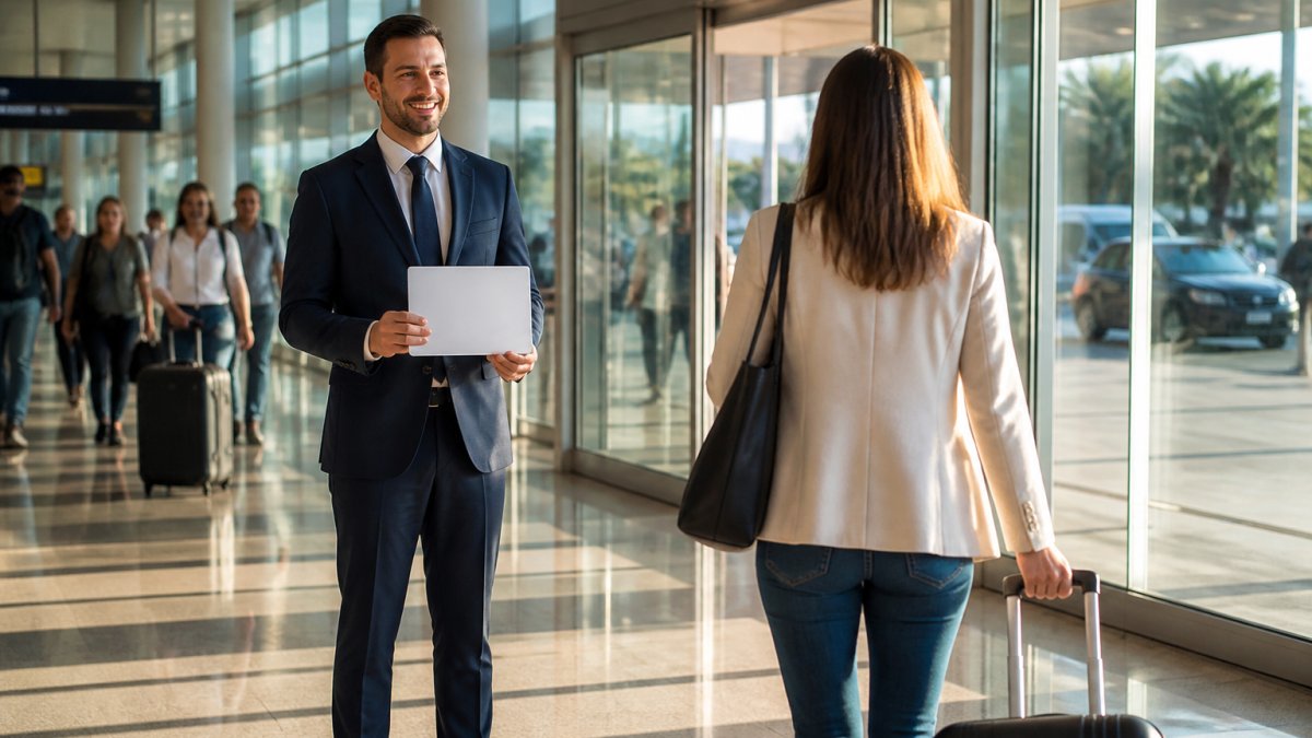 A professionally dressed chauffeur in a dark suit holding a printed name sign in a bright airport arrivals hall, a traveller with a rolling suitcase approaching under overhead lighting