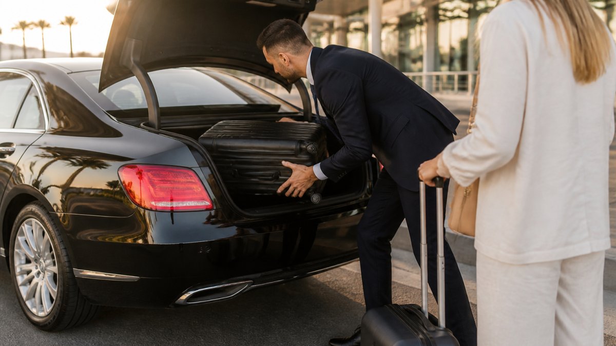 A professional chauffeur in a dark suit loading large suitcases into the boot of a clean black sedan at an airport kerbside, with a traveller waiting nearby