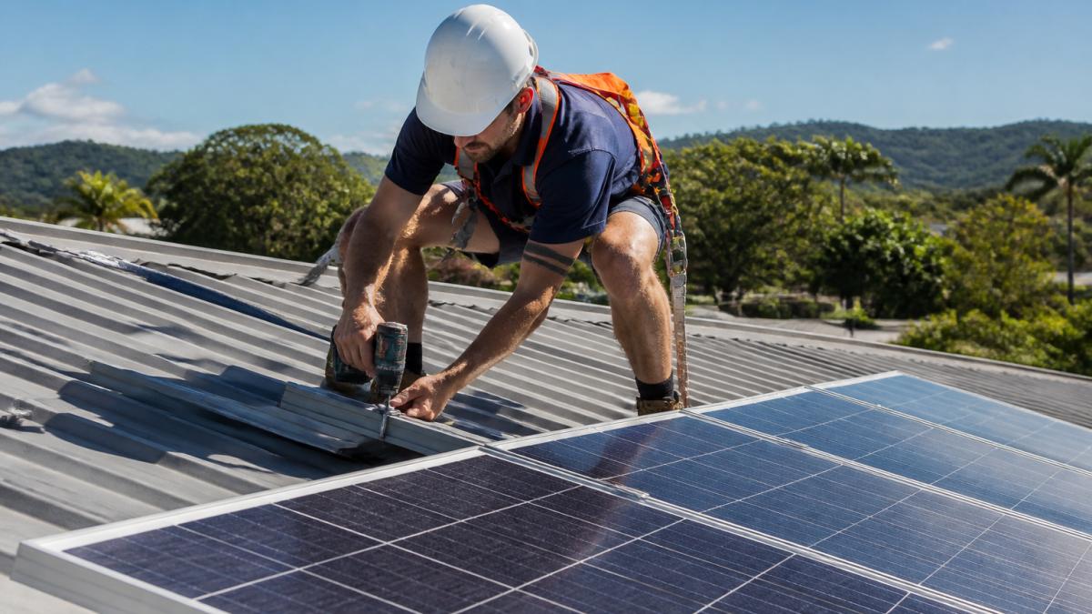 Professional electrician in high-visibility safety gear and hard hat installing solar panels on residential roof, with mounting hardware and safety harness visible in bright daylight