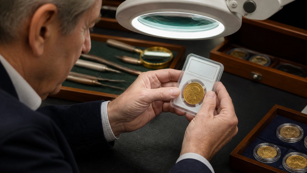 Professional numismatist examining a certified gold coin in a protective holder, with grade label and certification number clearly visible under magnification lamp in bright studio lighting