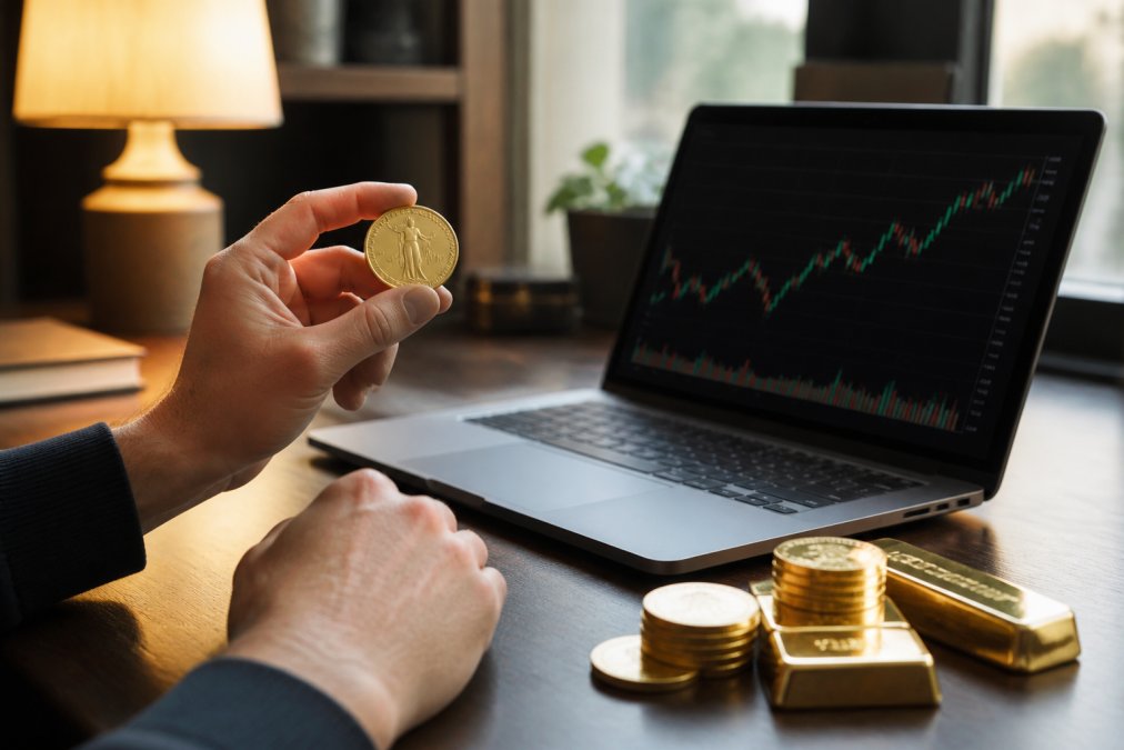 Infographic comparing gold ETFs vs physical gold for beginners using a desk setup with a gold coin and stock chart.