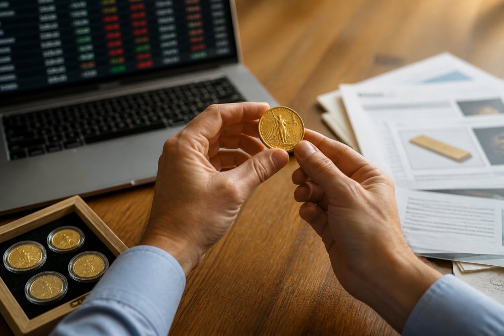 Close-up of hands holding a gold coin over a wooden desk with a laptop showing market prices and investment documents scattered nearby, warm natural lighting