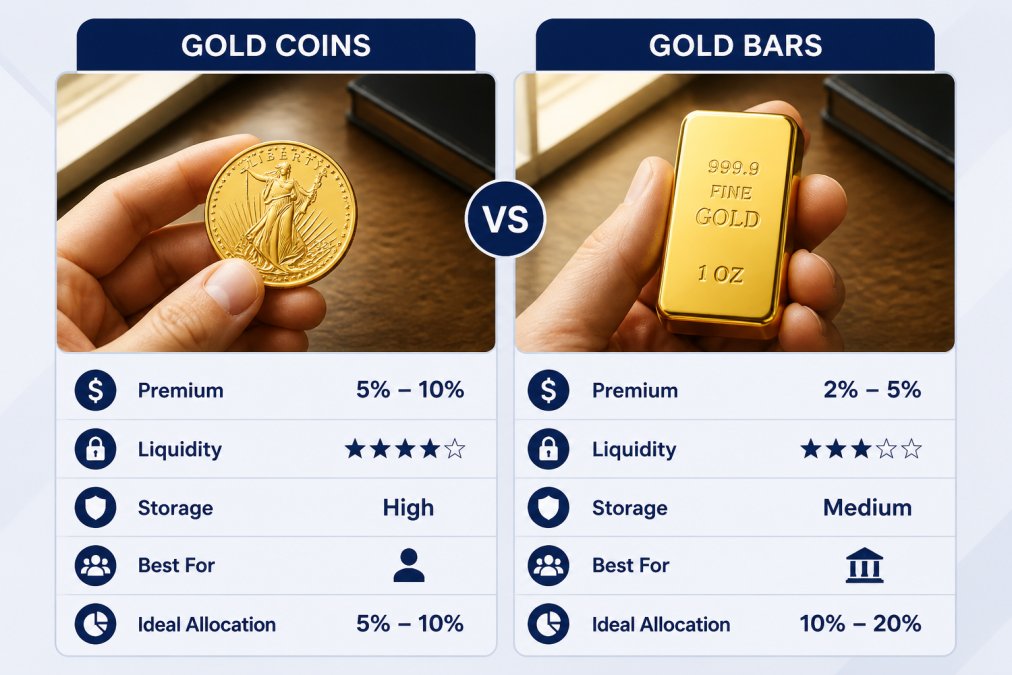 Close-up of hands holding a shiny gold coin and a gold bar side by side on a rich wooden surface with warm natural lighting from a window