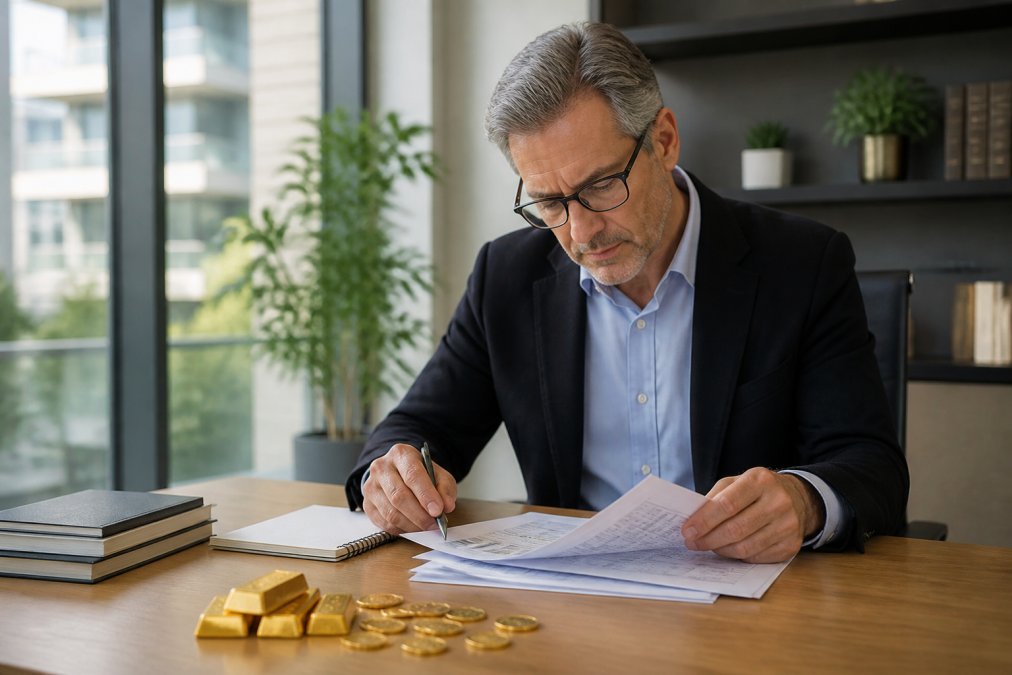 Professional investor sitting at a modern desk with a laptop and notebook, reviewing investment documents and portfolio statements in bright natural office lighting
