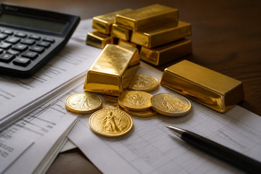 Close-up of gold bullion coins and bars arranged on a desk with tax documents and a calculator nearby