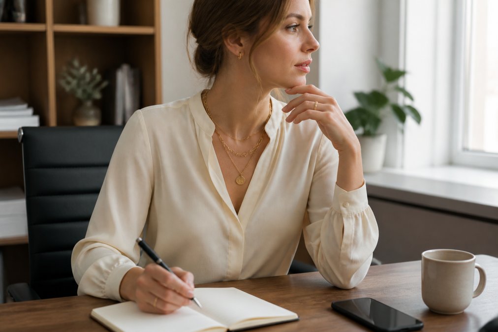 Professional woman in cream blouse wearing layered gold necklaces, a paperclip chain and a coin pendant, seated at a wooden desk in bright natural office lighting, with the jewellery catching light as she moves