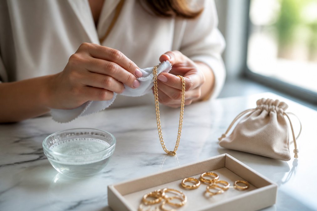 Hands gently cleaning a gold-plated necklace with a soft microfibre cloth, with a small bowl of jewellery cleaner and a storage pouch visible on a marble surface, natural window light illuminating the process
