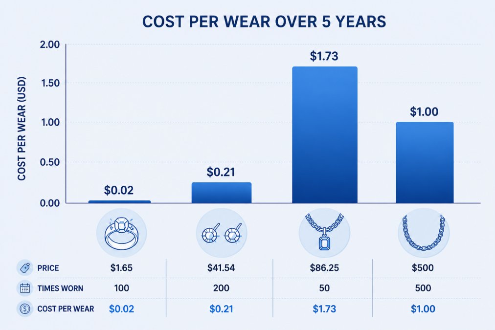 Bar chart comparing cost per wear for gold jewelry investment pieces over five years, from rings to necklaces.