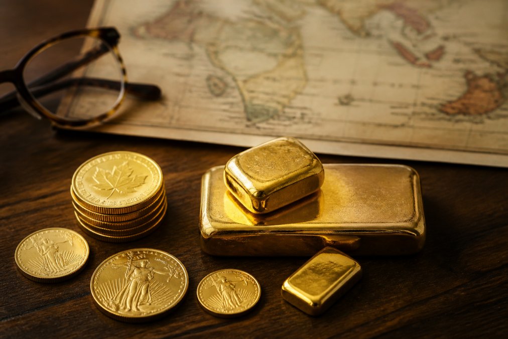 Close-up of a collection of gold coins and bars arranged on a dark wooden desk with a vintage world map and a pair of reading glasses in the background
