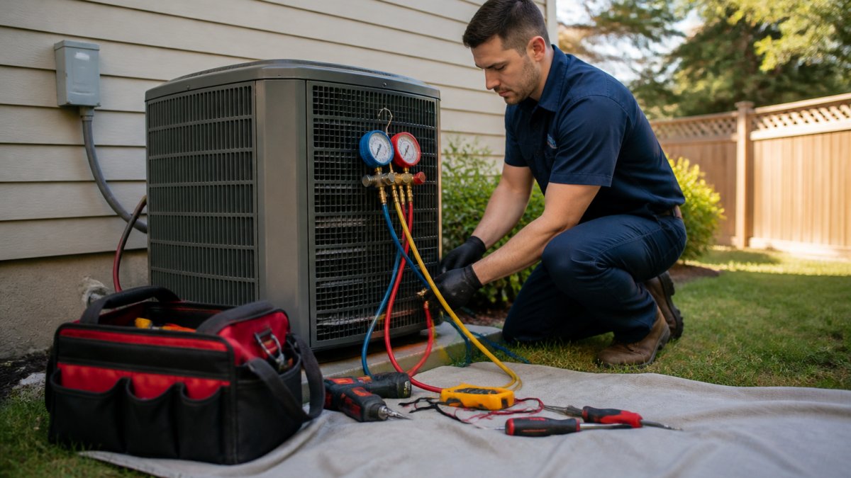 A uniformed HVAC technician kneeling beside an outdoor condenser unit in a suburban backyard, gauges and tools laid out on a drop cloth, late afternoon sunlight
